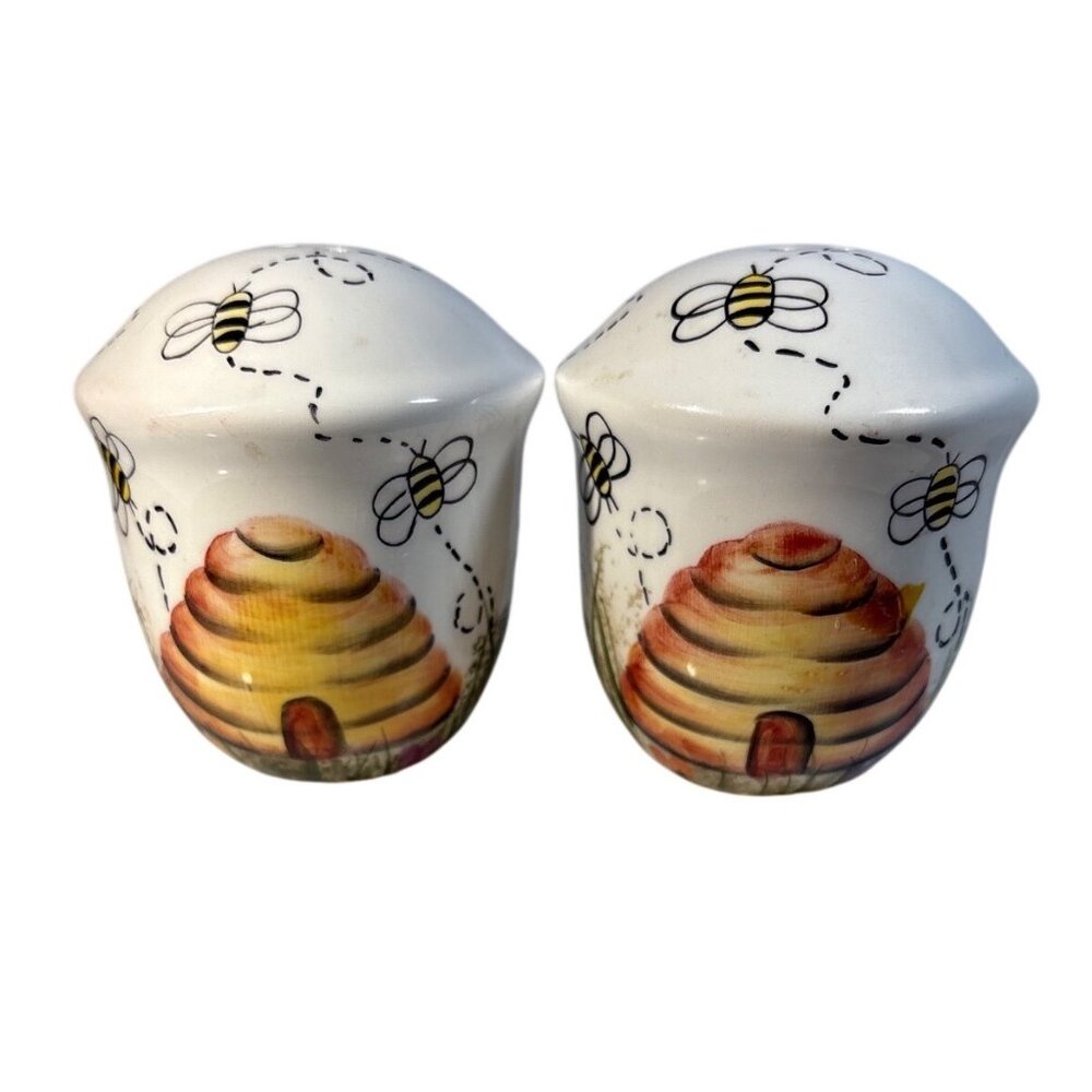 Cheri Lane Salt & Pepper Shaker Set  Floral & Beehive Design Ceramic